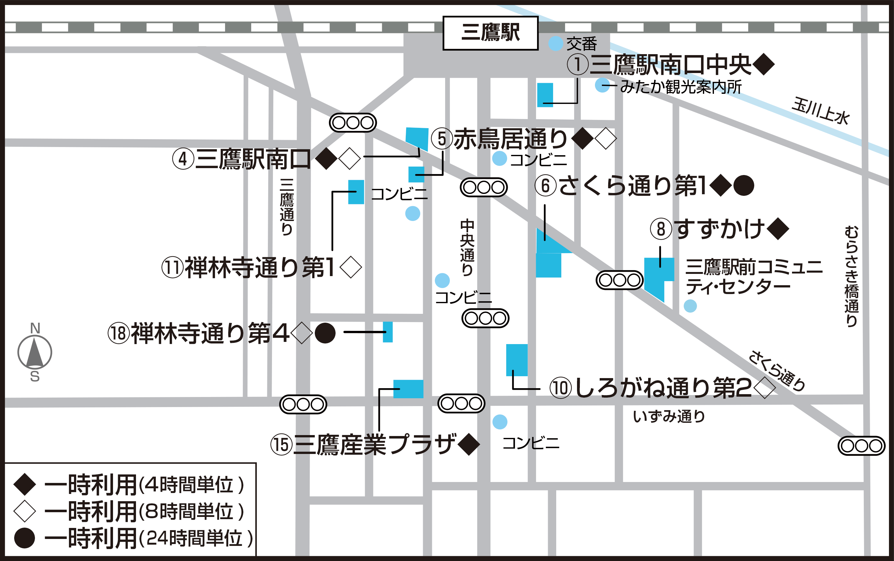 三鷹駅南口駅前駐輪場一時駐輪場地図